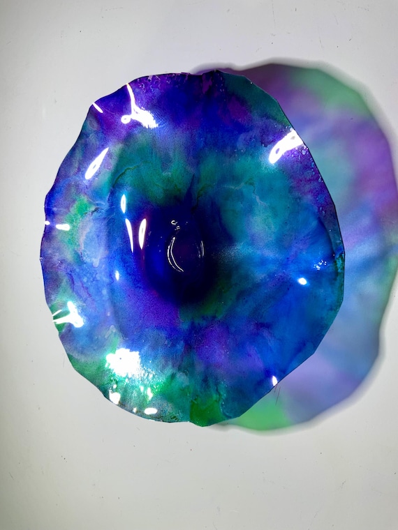 Recycled plastic Small Wall flower handmade 9” amethyst purple/ blue & green - environmentally conscious home decor/looks like glass