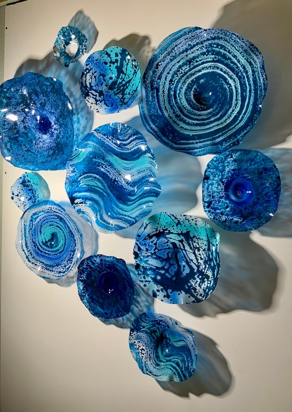 Marine Blue Wall Flower Set: Handmade Recycled Plastic Beach Decor/wall hanging/looks like glass/home mural- made to order