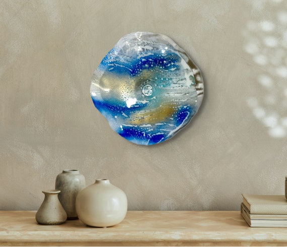 Medium Wall flower home wall sculpture decor 13” gold, blue, white & aqua handmade eco-friendly plastic - looks like glass