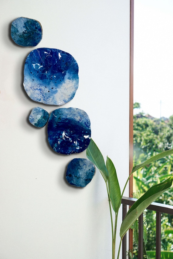 Original Wall flower sculpture aqua/blue/green up cycled plastic/looks like glass/beach home wall mural/ceiling hanging