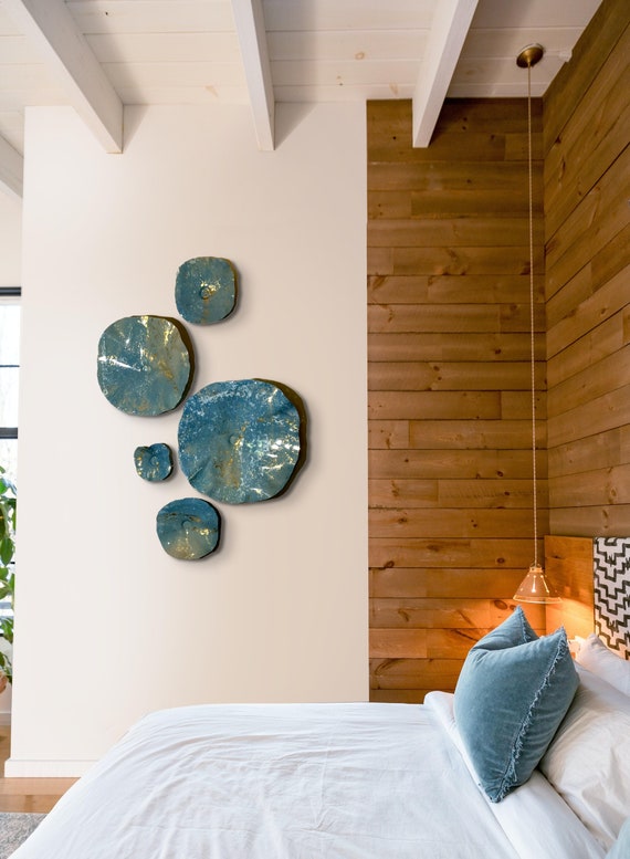 Original Wall sculpture plate 5 slate blue/gold/white handmade recycled plastic/boho home decor/large wall mural/looks like glass/porch art