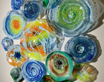 Multi Colorful original wall flower dish art 16 handmade original/beach home decor/eco-friendly plastic looks like glass/ceiling hanging art