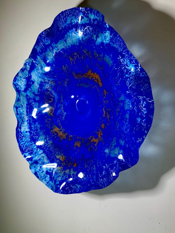 Original handmade wall decor recycled plastic 15” cobalt blue/orange looks like glass/boho beach home cool wall art