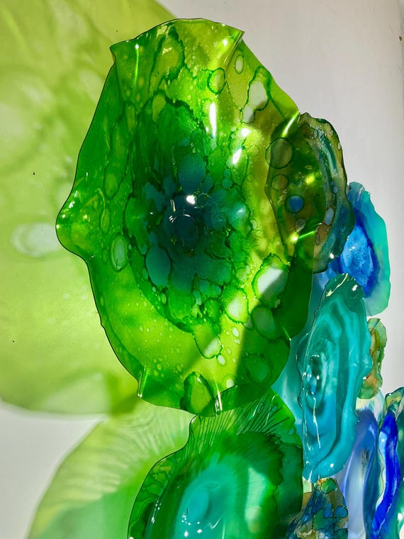 Exclusive Sea Glass Series: Large Wall Mural Set of 9 Handmade Recycled Plastic Decor-green, blue & brown