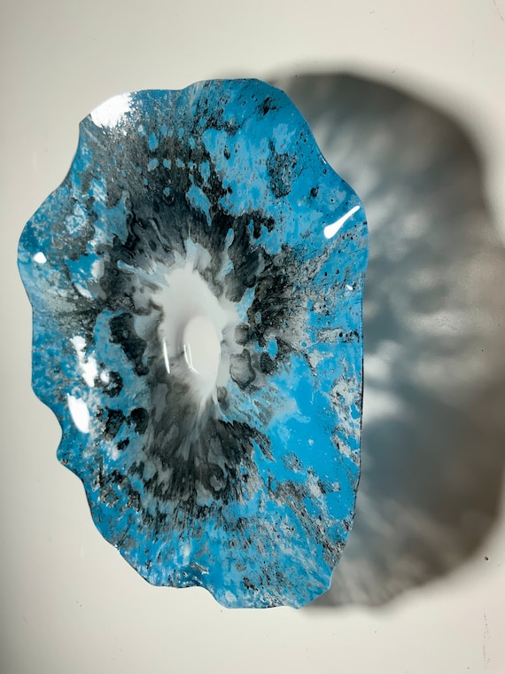 Original Small Wall flower art 9” handmade eco-friendly plastic/blue/black/white boho home bungalow wall sculpture/looks like glass