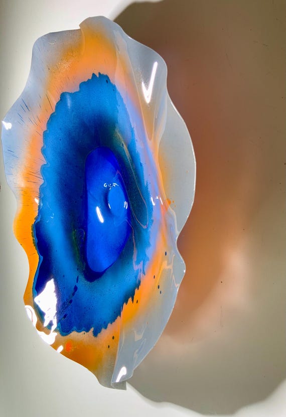 Coastal home decor wall flower handmade up cycled polymer 15”  gray, blue & orange blend - looks like glass - cool wall art