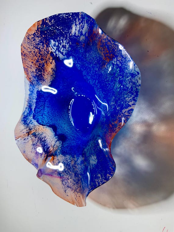 Sustainable plastic one of a kind extra Small wall flower 5” handmade blue/orange unique home decor/cool art/looks like glass