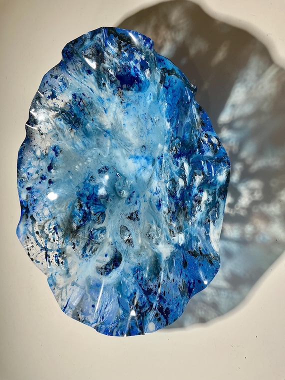 Aqua blue, white, navy blue & black Extra Large up cycled polymer Wall Flower Art –Glass-Like Finish
