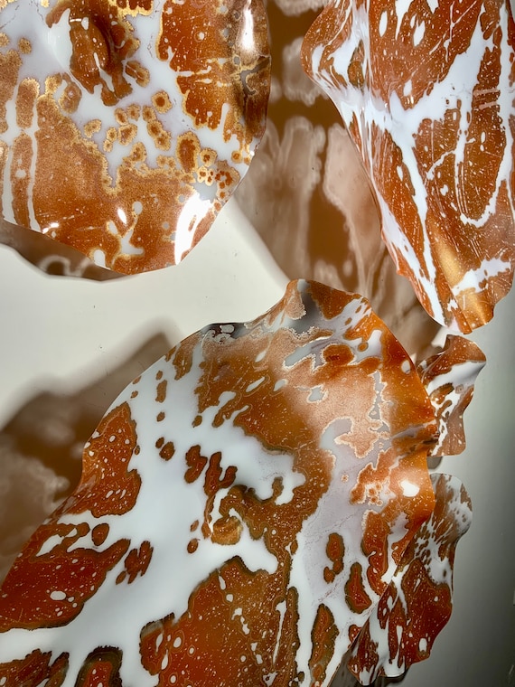 Handmade Recycled Plastic Wall Flower Sculpture: Rust, Cinnamon, White & Gold Home Decor