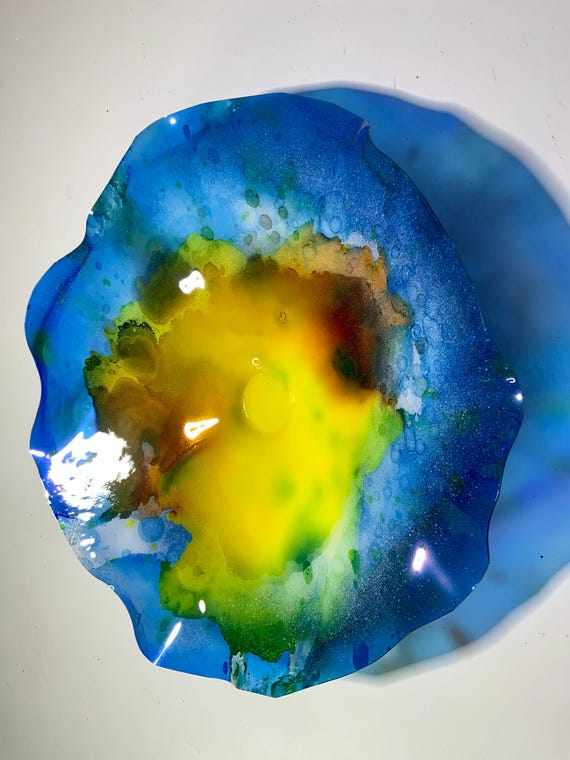 Recycled water bottle wall flower accent 12" blue/green/yellow/orange handmade eco art coastal home decor/patio art/looks like glass