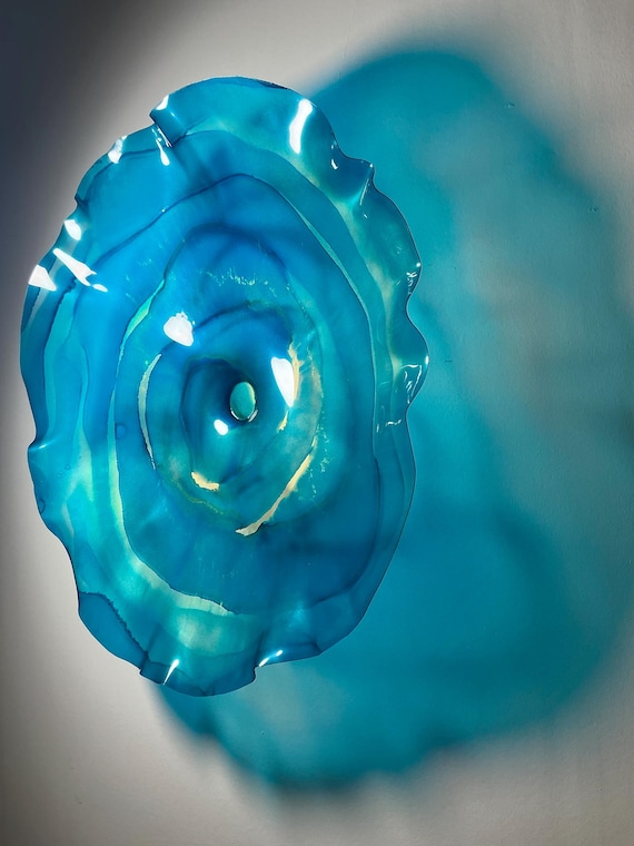 XX large wall flower art 24” handmade up cycled polymer looks like glass/easy to hang- teal & gold