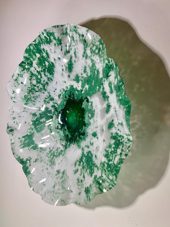 Repurposed plastic Extra large wall hanging living room decor, handmade 19” green & white boho home art - Ocean Arts - looks like glass