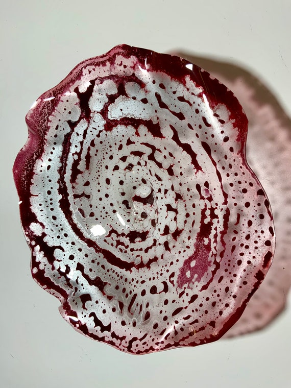 Medium round wall flower 12" handmade up cycled plastic/burgundy/silver/boho home/living room home decor/outdoor wall mount/looks like glass