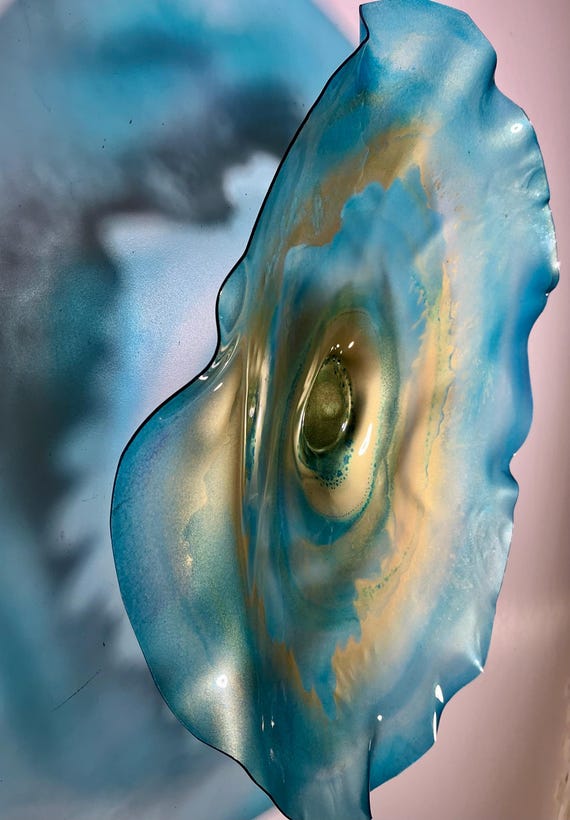 Recycled water bottle wall flower home accent art 12" aqua blue/gold handmade eco art/floral home decor/looks like glass