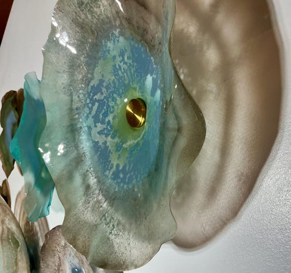 Handmade Wall flowers in Neutral Shades, Blue Gray, Beige & Celadon Green – Up cycled Polymer- Glass Look- Home Decor