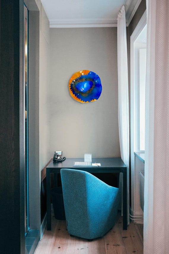 Home decor art wall flower sculpture 15” handmade recycled plastic navy blue/orange looks like glass/window mount/sun catcher/patio wall art