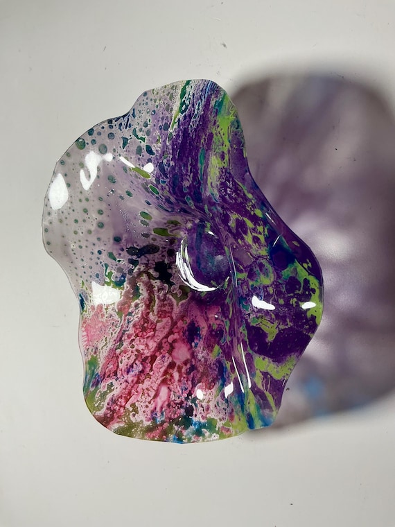 Handmade Recycled Polymer Wall Flower Art (5-inch) – purple, pink, blue, green & white Glass-Look Decor