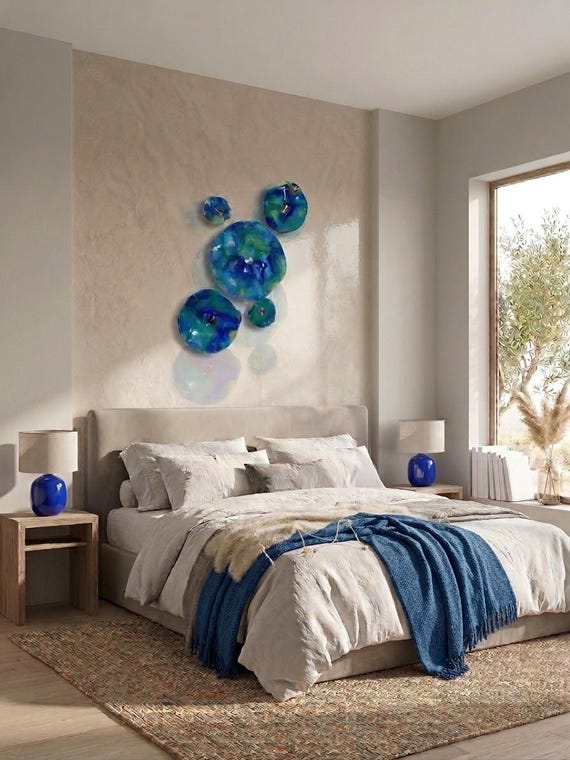 Unique Upcycled Polymer Wall art: Blue,green, purple & yellow Beach-Inspired Decor set of 5- glass look
