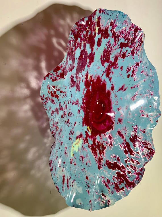 Eco art One of a kind Ocean Arts Wall Flower 15” handmade upcycled plastic sea foam blue/maroon red home decor wall hanging/looks like glass