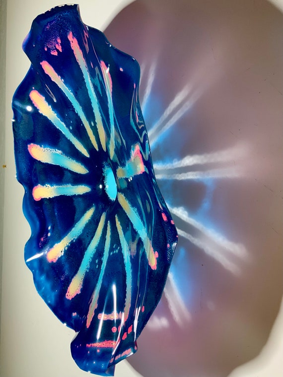 Handmade round wall decor recycled plastic 15” dark blue, pink, gold & aqua looks like glass - cool wall art