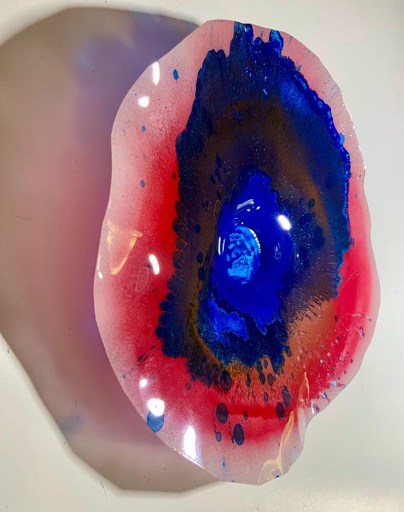 Small round wall flower  9” handmade eco friendly plastic Ocean Arts red/pink/blue/navy bedroom/modern home decor/looks like glass/cool art