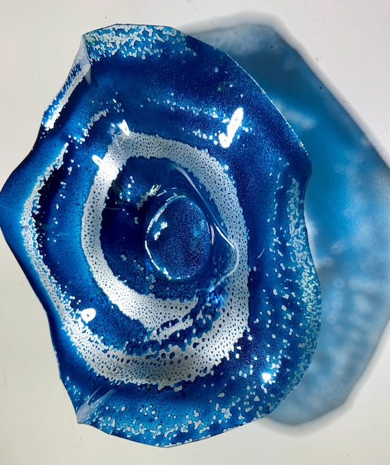 One of a kind ocean blue/silver swirl  X-Small wall flower 5” handmade recycled plastic/beach home decor wall art/looks like glass