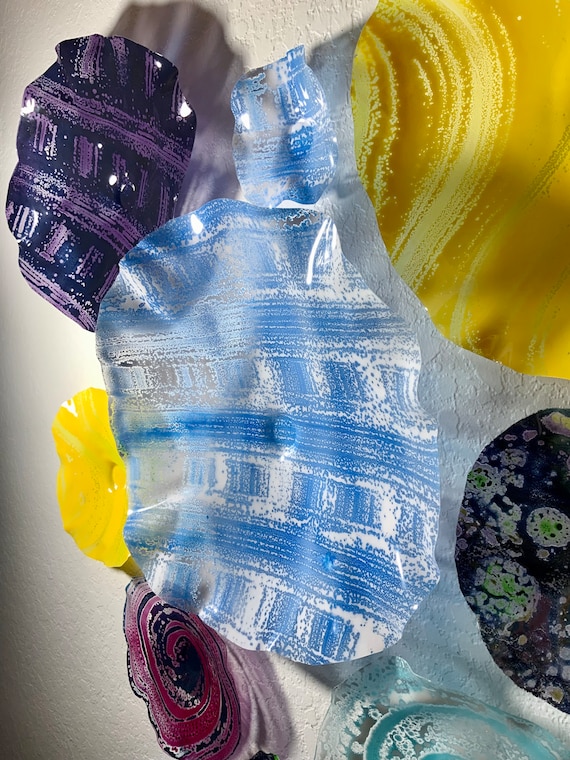 Up cycled water bottle wall flower set 11 blue, yellow, purple, green & white handmade beach home decor - looks like glass
