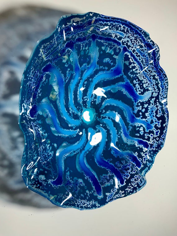 Extra large boho beachy flower 19” blue/aqua/teal handmade dish art/up-cycled plastic/coastal home decor /looks like glass