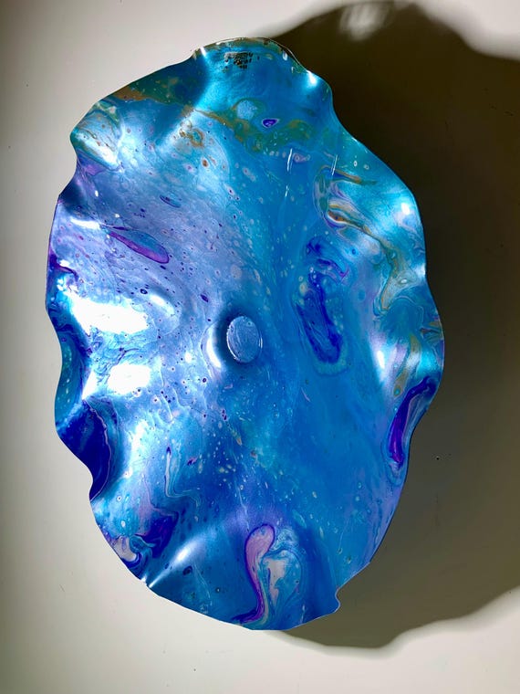 Wall flower plate 15" handmade eco-friendly plastic/home wall art/metallic aqua marine blue/purple/saffron looks like glass