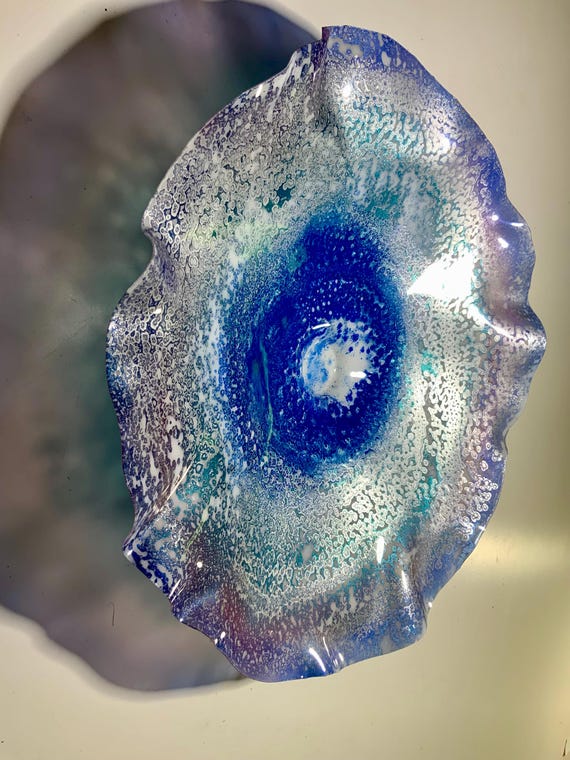 Ocean Arts large wall hanging 15” living room decor/handmade goods repurposed plastic art/purple/silver/blue/white looks like glass