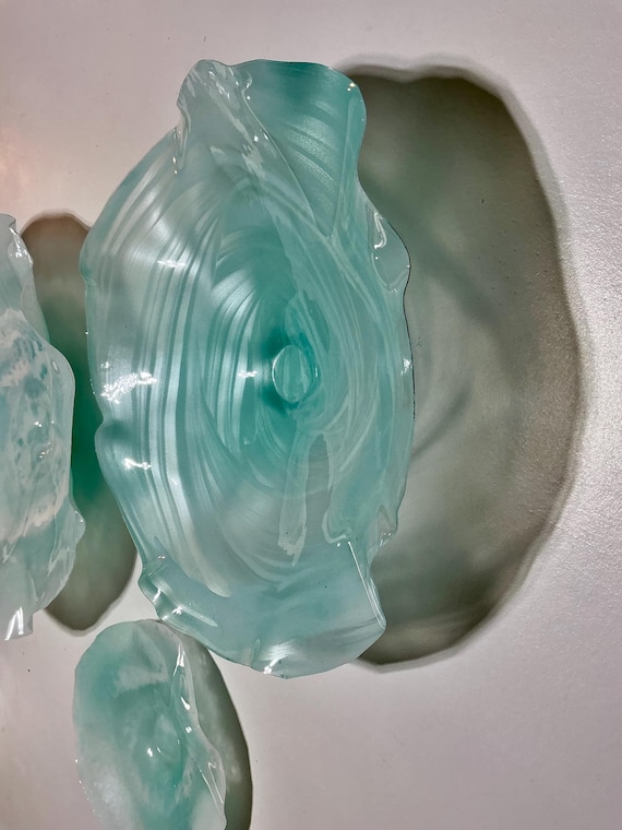 Light aqua, sea foam blue & frosty white Wallflower Decor – Glass-Look in beachy Earth Tones, Handmade with up cycled polymer