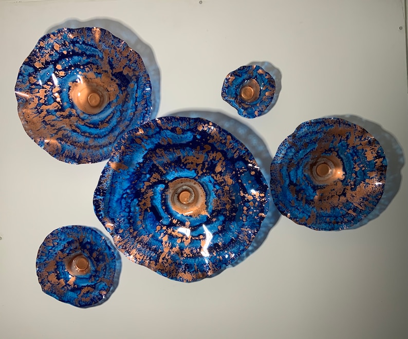 Recycled plastic wall flower Cobalt blue/copper wall hanging/home decor art/you pick size/quantity handmade indoor outdoor/looks like glass image 3