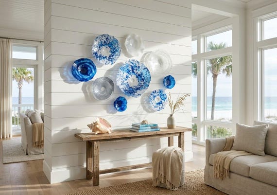 Large Wall Mural Set of 9 ocean cobalt blue & white - Handmade Recycled Polymer Decor -glass like look