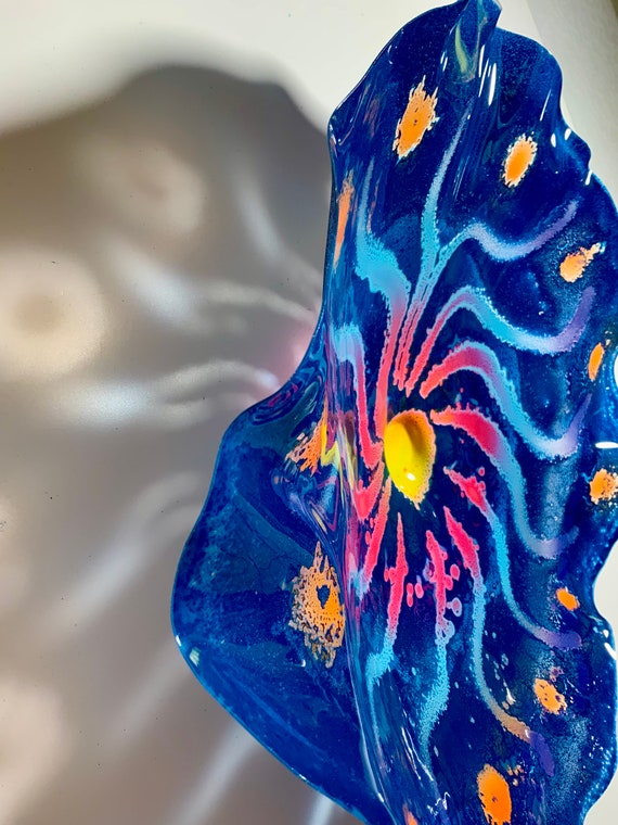 Original Extra large colorful wall sculpture home decor eco art 19” handmade/up-cycled plastic/blue/aqua/orange/yellow/pink/looks like glass