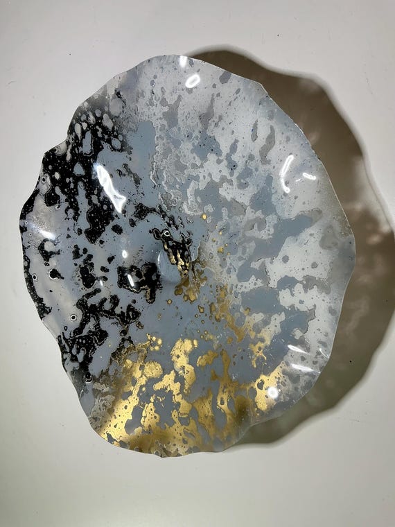 12” Handmade Upcycled Plastic Wall Art - Original Black, White & Gold Design -looks like glass