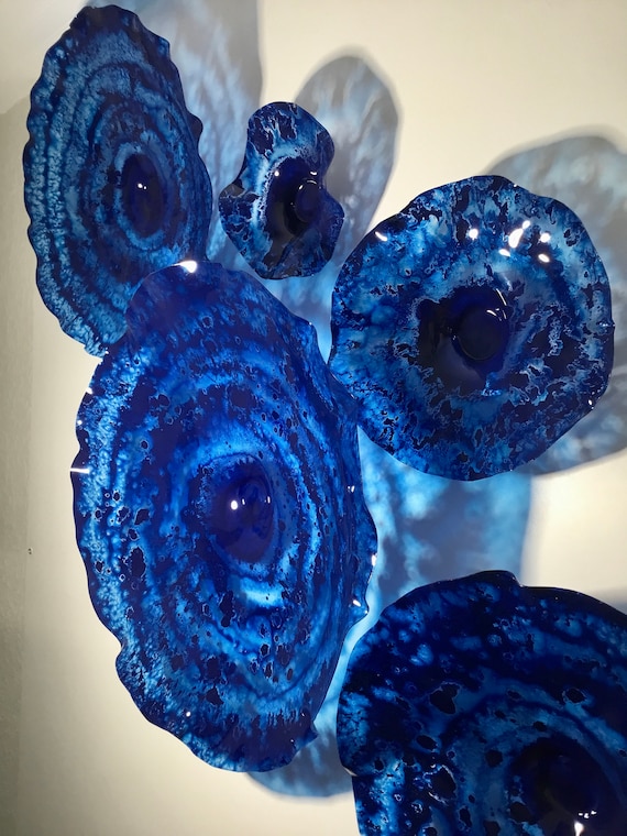 Cobalt blue/navy blue flowers wall art/ceiling mount decor recycled plastic interior design you pick size/quantity handmade indoor outdoor