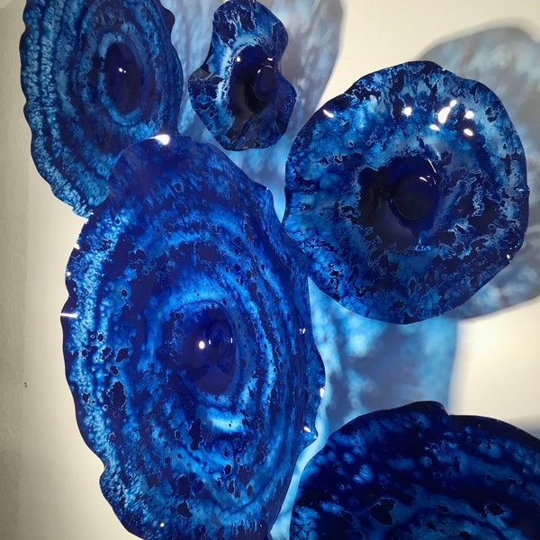 Cobalt blue -navy blue flowers handmade art- wall mount decor recycled plastic interior design you pick size & quantity