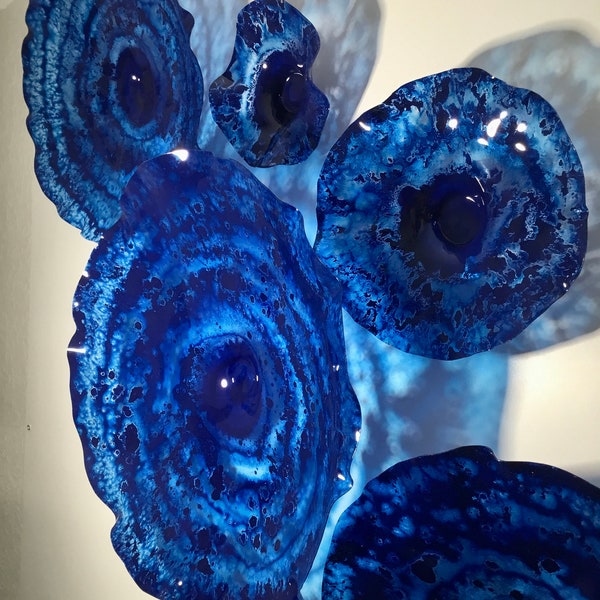 Cobalt blue/navy blue flowers wall art/ceiling mount decor recycled plastic interior design you pick size/quantity handmade indoor outdoor