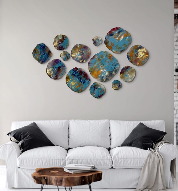 Metallic magenta/aqua/orange/gold/purple/blue wall flower 13 handmade/bedroom home decor platter art/eco-friendly plastic looks like glass/