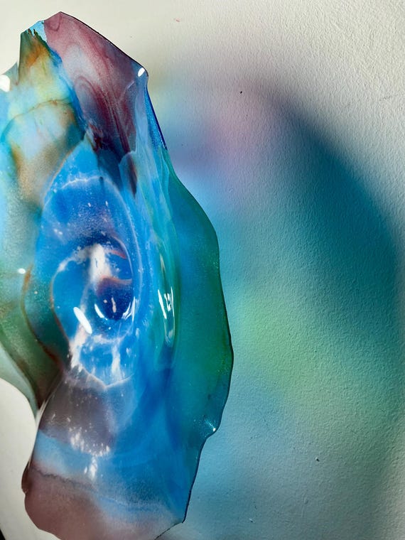 Wall flower home decor Art - handmade from Recycled Polymer - 9” glass like look-blue, burgundy & green