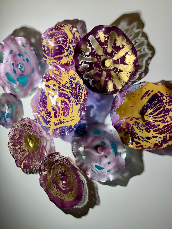Burgundy, lavender, green & yellow wall flower 9 handmade original/home decor - recycled polymer looks like glass