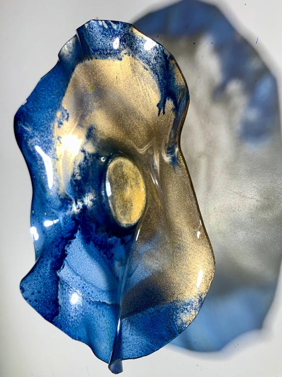 Eco-Friendly Wall Flower: blue & gold Recycled PET Art/handmade home decor/looks like glass