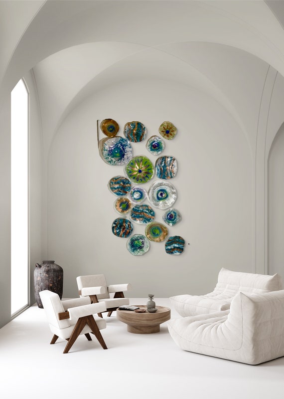 Copper/green/white/teal/purple/blue wall flower sculpture set 17 handmade home decor/eco-friendly plastic/looks like glass/living room art