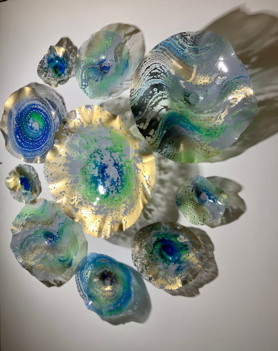 Recycled Plastic Wall Flower Sculpture: Blue Green Gold Boho Home Decor