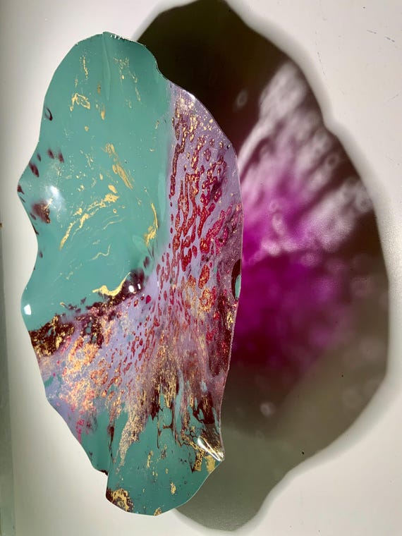 Handmade wall flower art 13”/up cycled plastic/sea foam green/gold/burgundy/purple bedroom home decor/looks like glass