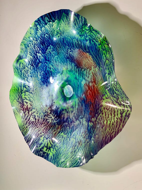 Large Recycled Plastic Wall Flower: Green, Blue, Coral, and Silver Art (15 inch)