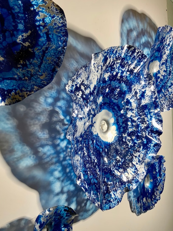 Shades of blue/silver flowers wall art recycled plastic looks like glass pick your size/quantity indoor outdoor wall hanging boho wall decor