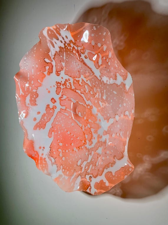 Handmade Large wall flower 15”  eco-friendly polymer/wall plate- peach and white  art for home looks like glass