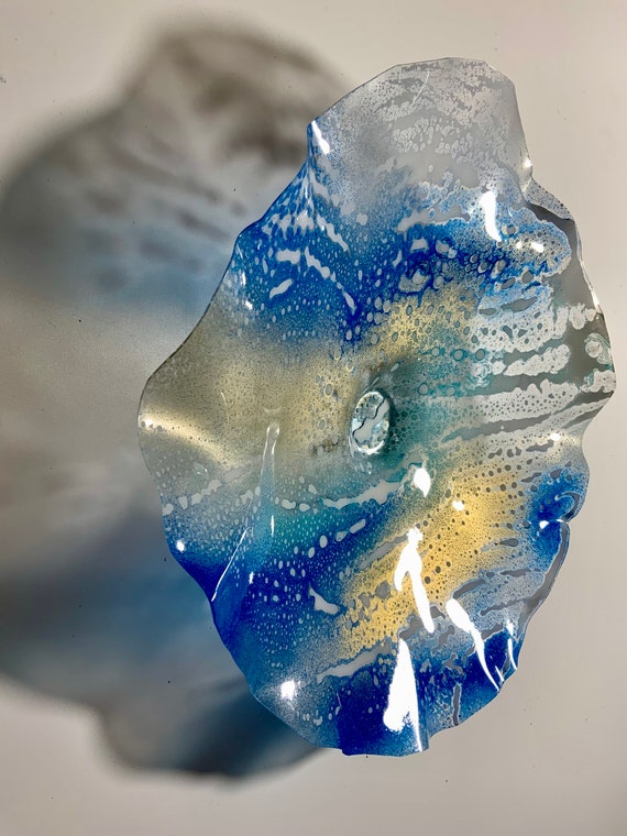 Medium Wall flower home wall sculpture decor 13” gold/blue/white/aqua handmade eco-friendly plastic/looks like glass/gift for her/outdoor