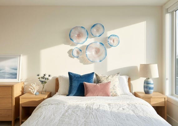 Set of 5 soft blush, pink, Rose & azure blue Wallflowers | Recycled Polymer Handmade - Glass Effect Decor